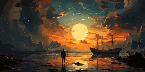 A man standing in a river with his shipwreck against the background of the sky upside down, digital art style, illustration painting - obrazy, fototapety, plakaty