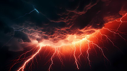 Roaring thunderstorm, shocking lightning shines in the dark sky