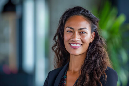A woman with long hair and a black blazer smiles directly at the camera.