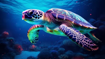 Foto auf Alu-Dibond A majestic sea turtle, adorned in vibrant shades of purple and blue, glides gracefully through crystal-clear waters, illuminated by perfect lighting © Muhammad