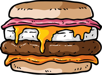 Vector Cartoon Hand Drawn Muffin With Ham Egg Patty And Cheese