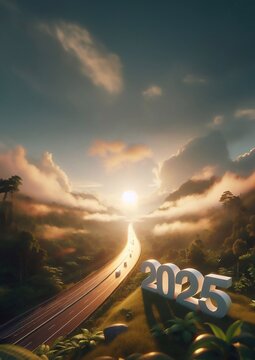 new year 2025, a picture of a highway in the middle of nature, copy space background ,generative ai art