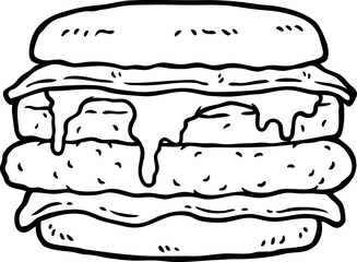 Vector Cartoon Hand Drawn Muffin With Ham Egg Patty And Cheese Line Art