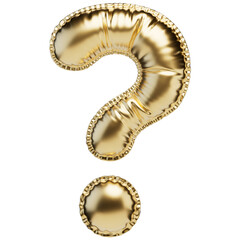 Question mark symbol in the shape of a balloon, isolated on a transparent background. An inflatable balloon of gold color with a glossy texture.