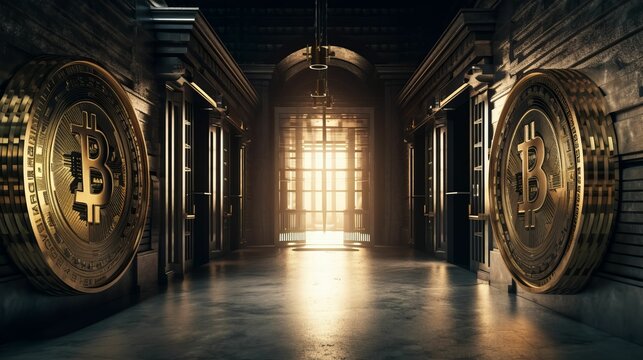 AI generated illustration of a corridor with financial vaults adorned with bitcoin symbols