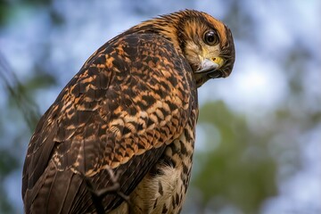 a bird of prey sitting on a post with blue skies in the background