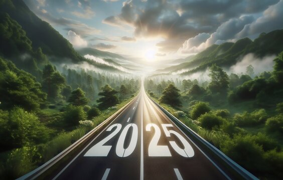 new year 2025, a picture of a highway in the middle of nature, copy space background ,generative ai art