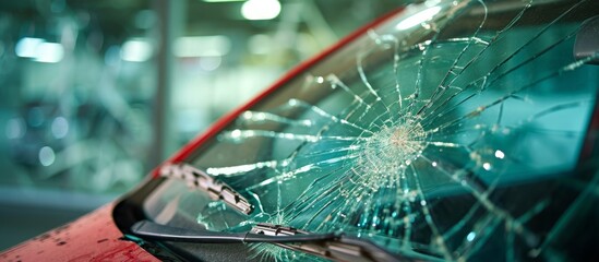 An electric blue vehicle with a broken windshield displaying shattered glass, a close-up view of the automotive exterior.