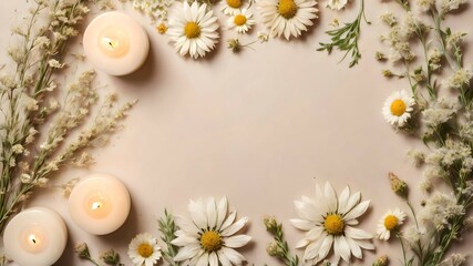 Wildflowers and candles on a beige background with copy space for product presentation or text