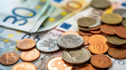 Photo of Euro currency notes and coins - obrazy, fototapety, plakaty