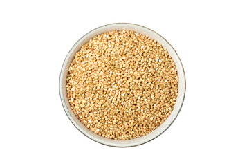 Green buckwheat in a bowl isolated on a white background. Superfood. Raw buckwheat porridge....