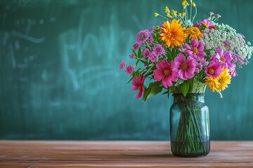 a bouquet of flowers in a vase on the teacher's desk, with books, apples, on the background of the chalkboard