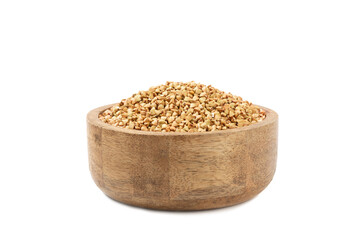Green buckwheat in a bowl isolated on a white background. Superfood. Raw buckwheat porridge. Healthy vegan food, eco products, diet, organic.