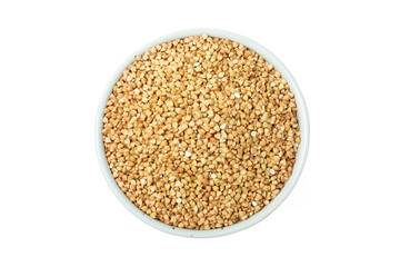 Green buckwheat in a bowl isolated on a white background. Superfood. Raw buckwheat porridge. Healthy vegan food, eco products, diet, organic.