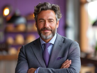 Fototapeta premium Portrait of handsome smiling businessman with suit in office background