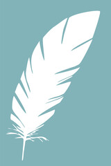 A vector illustration of a white feather isolated on a blue background
