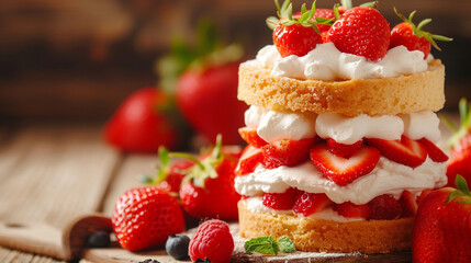 A luscious strawberry shortcake with layers of sponge, whipped cream, and fresh berries, exuding freshness and sweetness