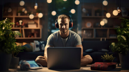 Young sporty man looking video movie, listen music at home in living room. guy with laptop training at gym. active person with headphones, using computer, watching online lessons. male in sportswear - obrazy, fototapety, plakaty