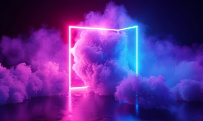 3d rendering, abstract pink blue neon background with glowing cloud and cube box geometric shape, Generative AI