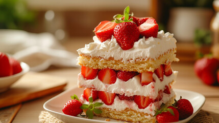 A luscious strawberry shortcake with layers of sponge, whipped cream, and fresh berries, exuding freshness and sweetness