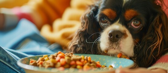 A person is providing a plate of food to their companion dog, which includes ingredients such as liver, suitable for a carnivorous dog breed.