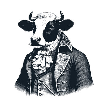 A cow wearing victorian suit. Vector illustration.