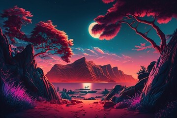 AI generated illustration of a stunning landscape featuring a majestic mountain bathed in moonlight