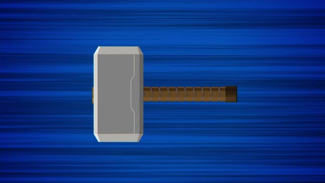 Flying hammer on blue background. Animation of flying object. Different versions in my portfolio: red and blue background, another angle and central object. Looped animation