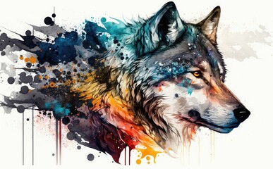 AI-generated illustration of a colorful wolf portrait over white background