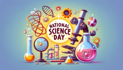 Cartoon illustration for national science day in india with science symbols.