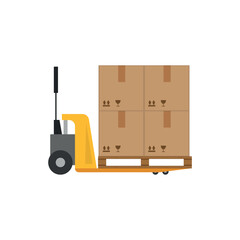 A man with a manual forklift with a pallet of boxes on it. Vector illustration