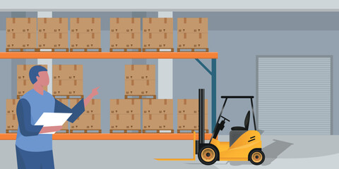 Warehouse interior with boxes on a rack, and a forklift. Flat vector and solid color style Logistics Delivery Concept Illustration.