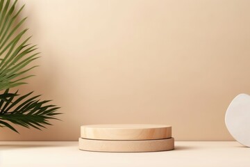 Minimal modern product display with wood podium and green leaves.