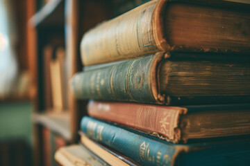 Closeup shot of a stack of old books on a shelf