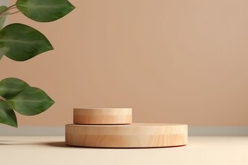 Minimal modern product display with wood podium and green leaves.