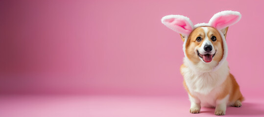 corgi dog wearing easter bunny costume on a pastel pink studio background