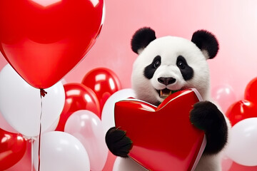 Cute panda bear with a red heart shaped balloons and a gift box. Valentine's Day, Women's Day...