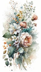 AI generated illustration of flowers and leaves arranged artfully on a white backdrop