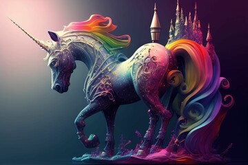 AI generated illustration of a white mythical creature with a long mane of rainbow-colored hai - obrazy, fototapety, plakaty