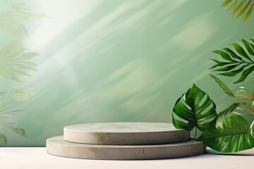 Natural stone and concrete podium with green background for packaging product presentation.
