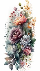 AI generated illustration of several blooming flowers painted with watercolor brush