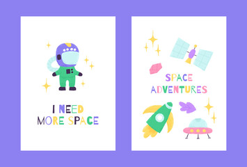 Space poster with cute characters in the cartoon hand drawn style with quote letternig. Vector illustration