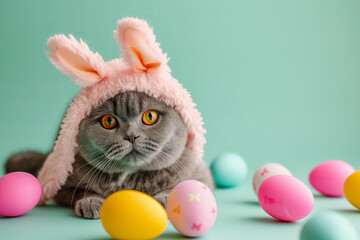 Fototapeta na wymiar grey british cat wearing easter bunny costume on a pastel green studio background with easter eggs