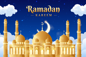 Realistic ramadan kareem background with mosque and moon