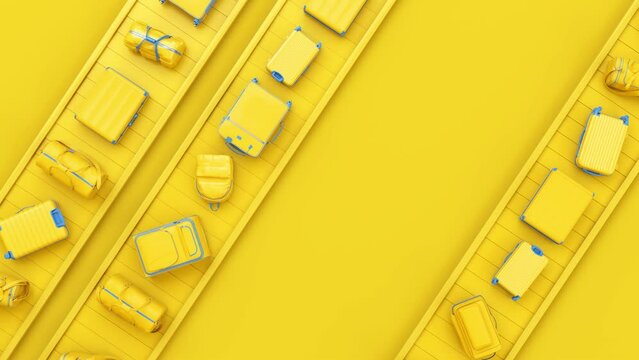 Yellow toned travel concept with luggage on conveyor belt. All in yellow suitcase bags and backpack idea.
