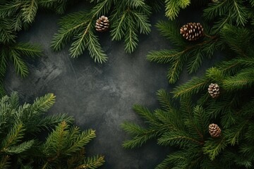 Christmas tree branches with cones, overhead view