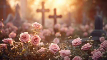 Funeral with pink flower on a cross, in a cemetery, with a vintage filter - obrazy, fototapety, plakaty