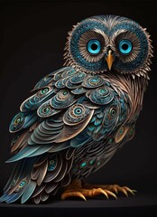 AI generated illustration of an owl with piercing blue eyes, isolated a black background