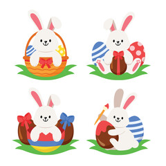 Easter Bunny Rabbit and Eggs vector illustration set isolated on white background. Egg with pattern. Cute colorful cartoon character design for seasonal holiday celebration decoration.