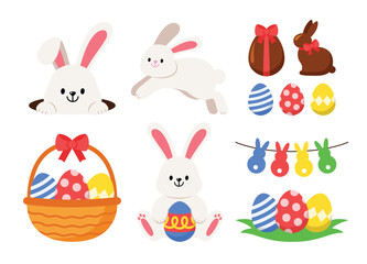 Obraz premium Easter day design elements vector illustration set isolated on white background. Bunny Rabbit character and Eggs with pattern. Cute colorful cartoon for seasonal holiday celebration decoration.
